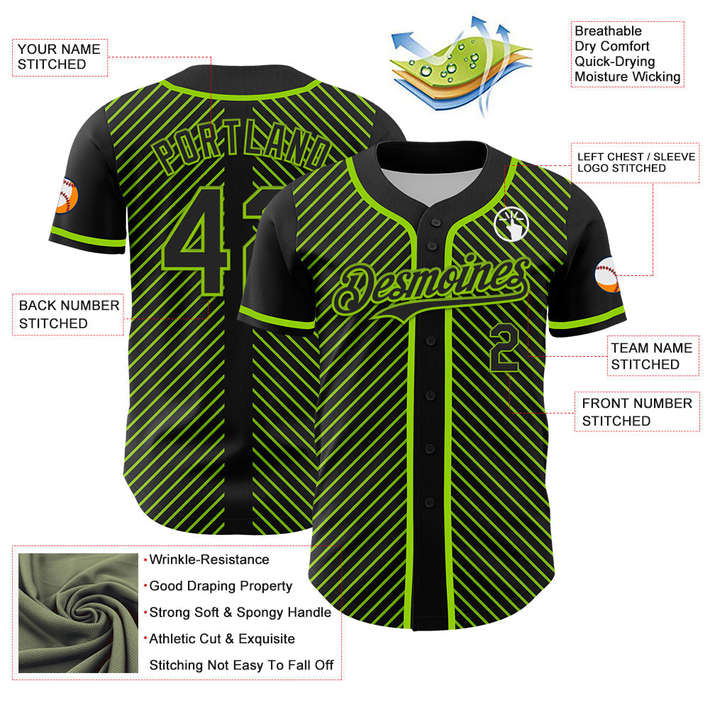 Custom Black Neon Green 3D Pattern Design Diagonal Stripes Authentic Baseball Jersey baseball jersey product view 3