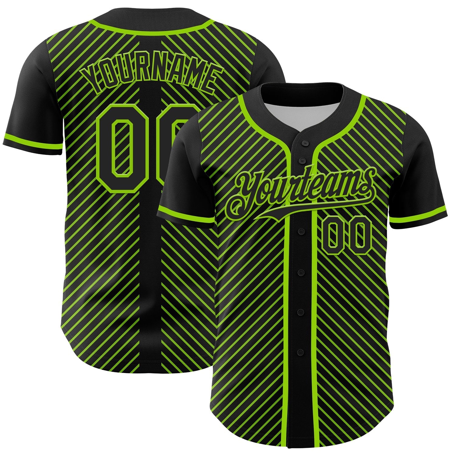 Custom Black Neon Green 3D Pattern Design Diagonal Stripes Authentic Baseball Jersey baseball jersey product view 1