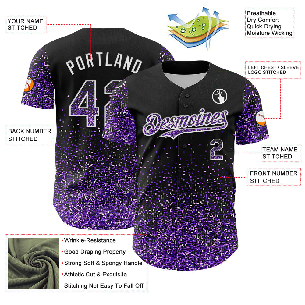 Custom Black Purple-White 3D Pattern Design Abstract Colorful Glittering Dot Authentic Baseball Jersey baseball jersey product view 3