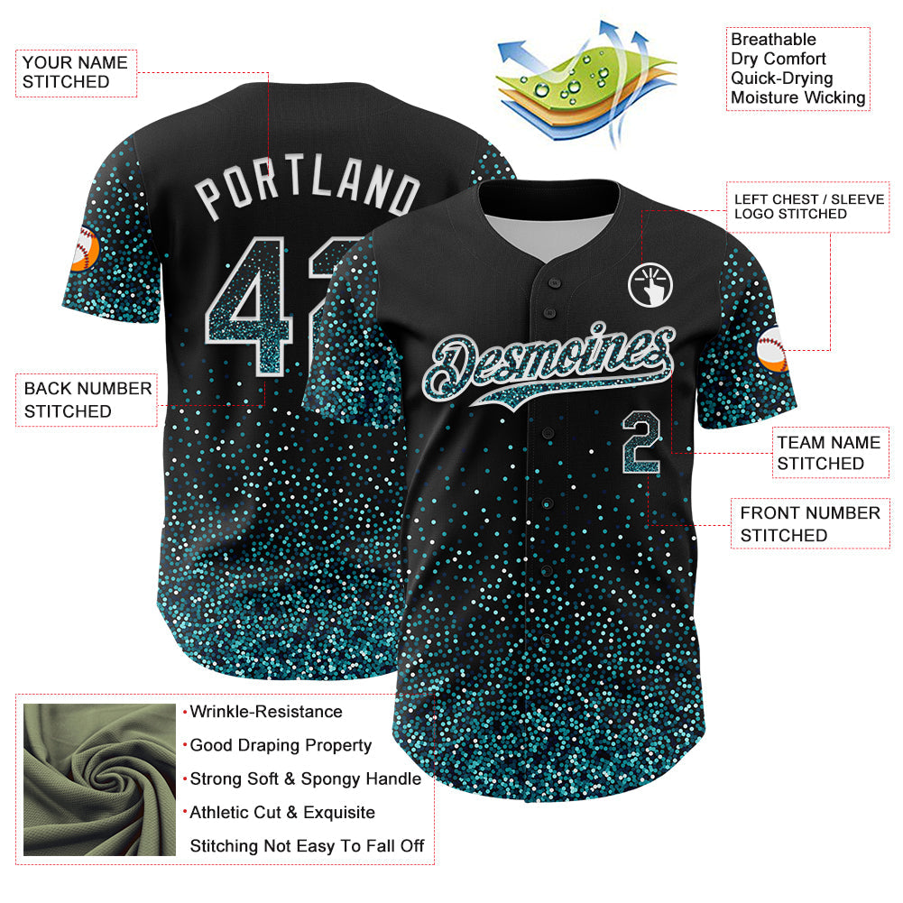 Custom Black Teal-White 3D Pattern Design Abstract Colorful Glittering Dot Authentic Baseball Jersey baseball jersey product view 3