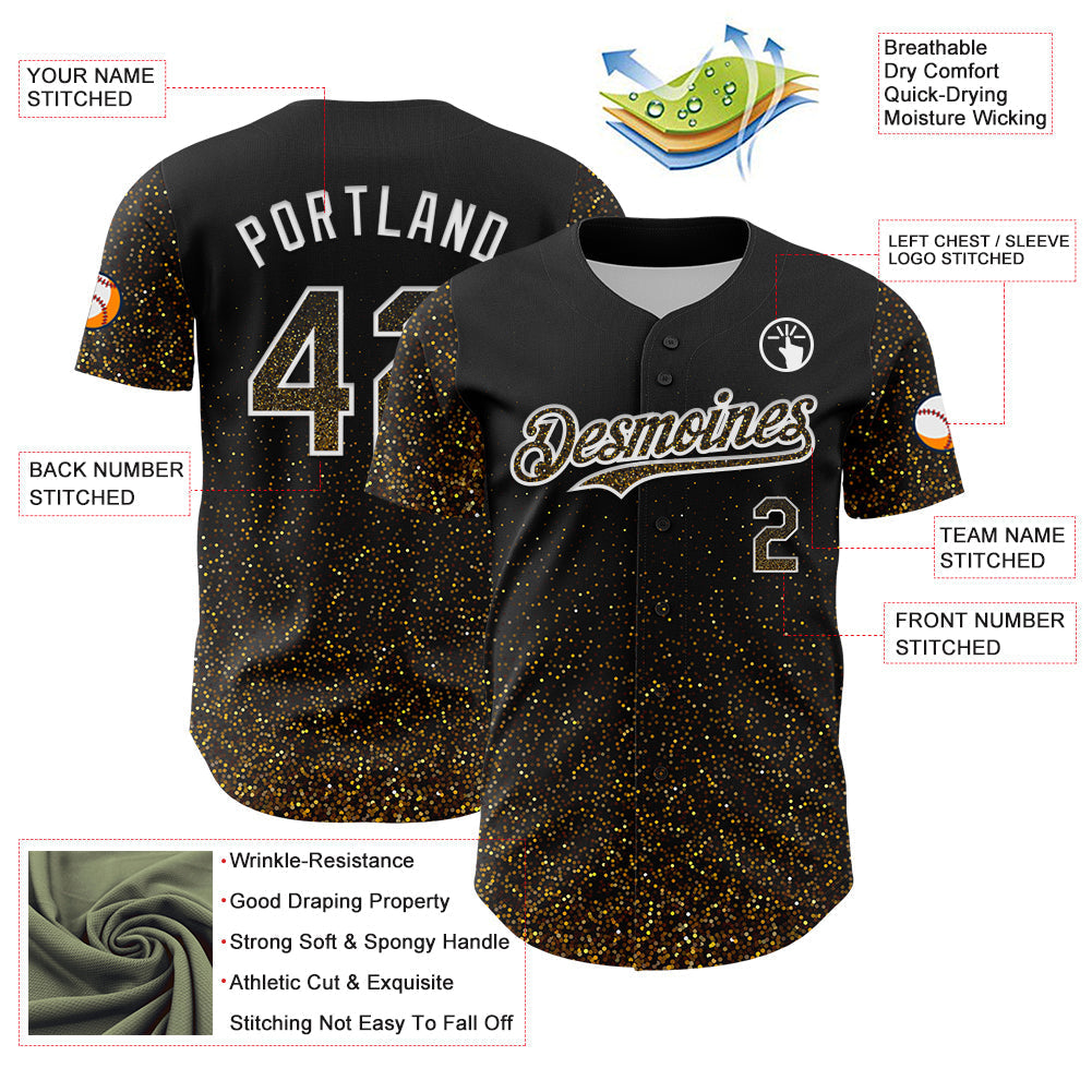 Custom Black Old Gold-White 3D Pattern Design Abstract Colorful Glittering Dot Authentic Baseball Jersey baseball jersey product view 3