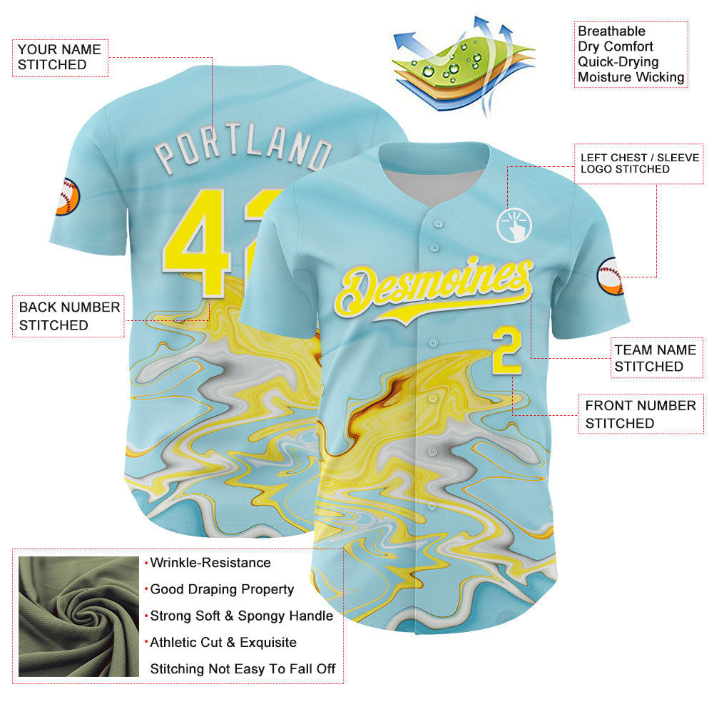Custom Ice Blue Light Yellow-White 3D Pattern Design Abstract Liquid Fluid Art Authentic Baseball Jersey baseball jersey product view 3