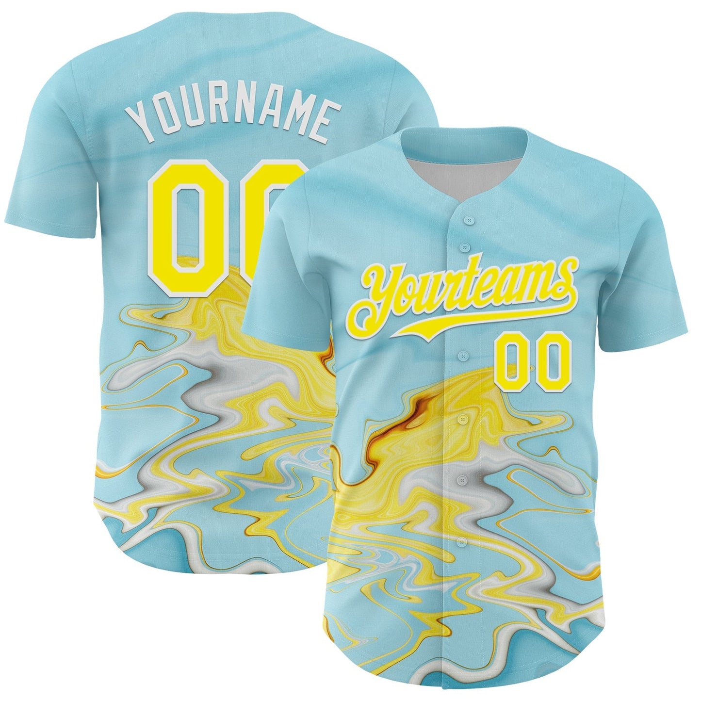Custom Ice Blue Light Yellow-White 3D Pattern Design Abstract Liquid Fluid Art Authentic Baseball Jersey baseball jersey product view 1