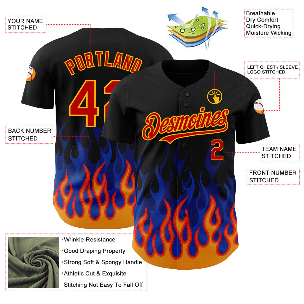 Custom Black Red-Gold 3D Pattern Design Flame Authentic Baseball Jersey baseball jersey product view 3