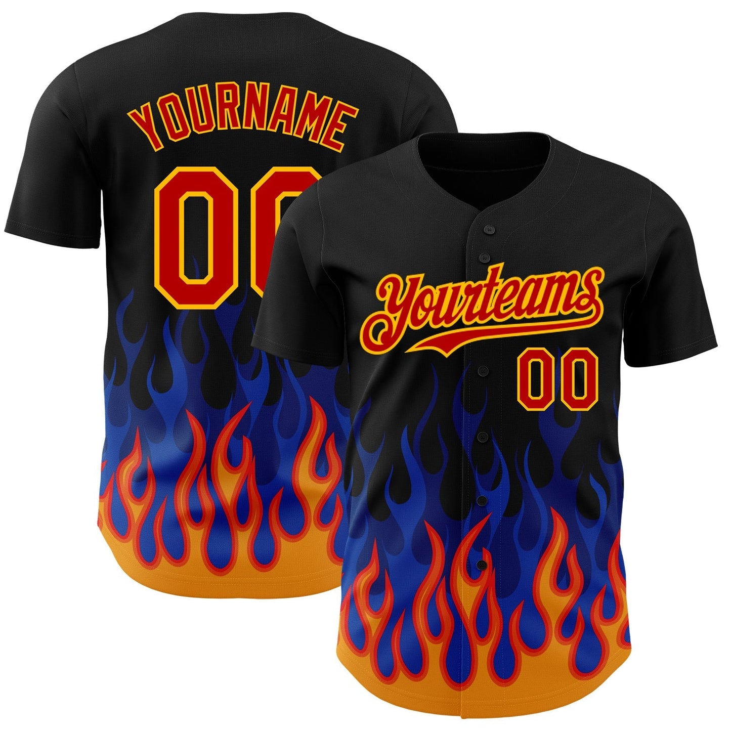Custom Black Red-Gold 3D Pattern Design Flame Authentic Baseball Jersey baseball jersey product view 1