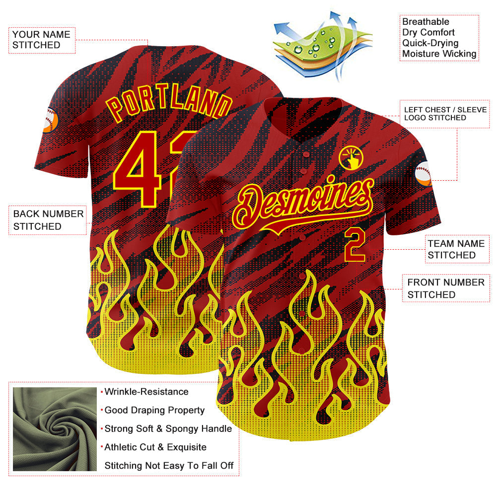 Custom Red Black-Light Yellow 3D Pattern Design Flame Authentic Baseball Jersey baseball jersey product view 3