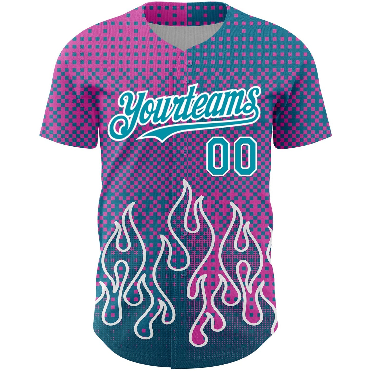 Custom Pink Teal-White 3D Pattern Design Flame Authentic Baseball Jersey baseball jersey product view 2