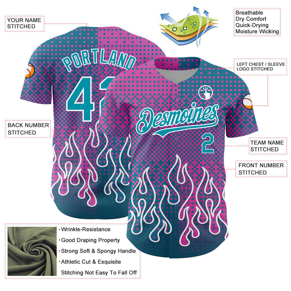 Custom Pink Teal-White 3D Pattern Design Flame Authentic Baseball Jersey baseball jersey product view 3