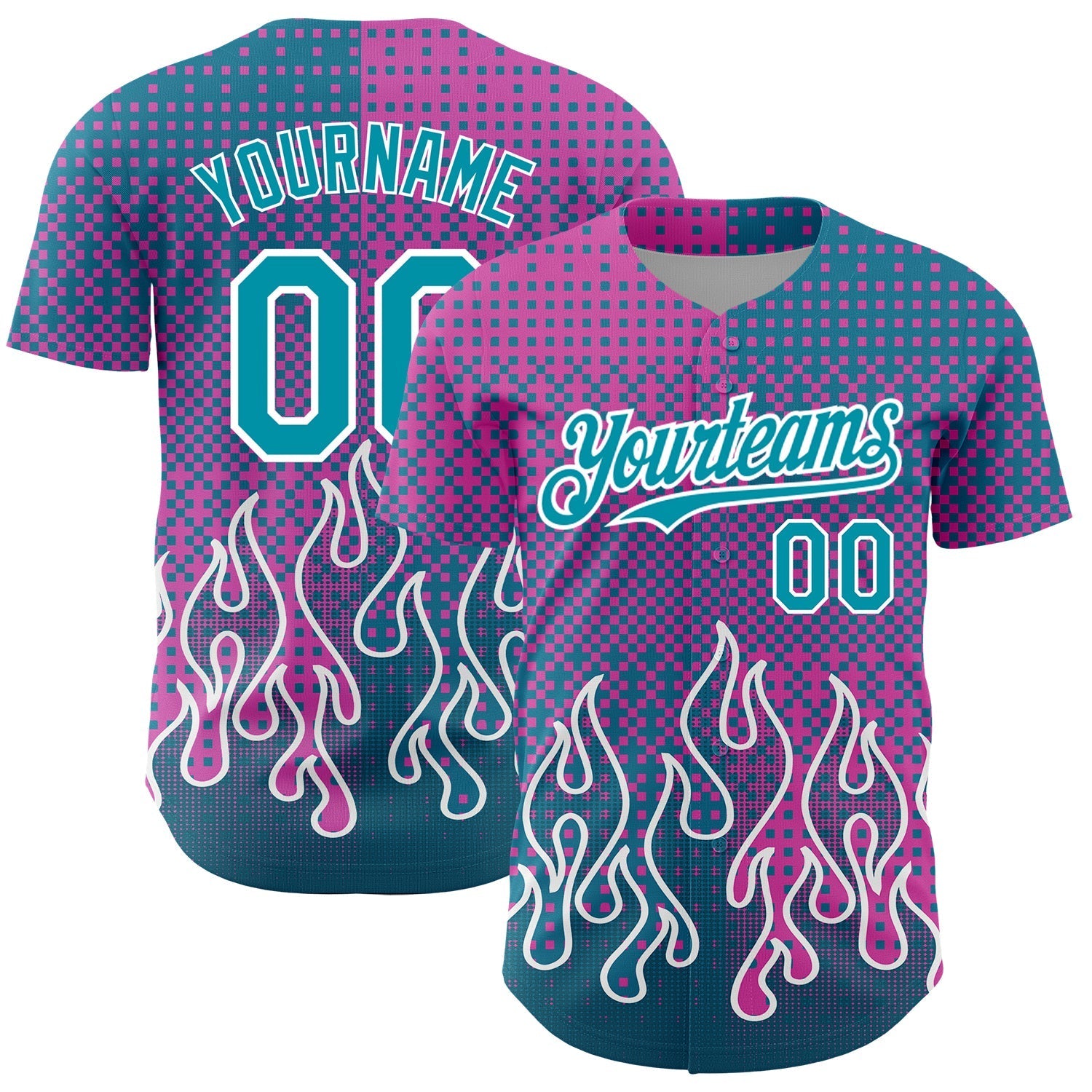 Custom Pink Teal-White 3D Pattern Design Flame Authentic Baseball Jersey baseball jersey product view 1