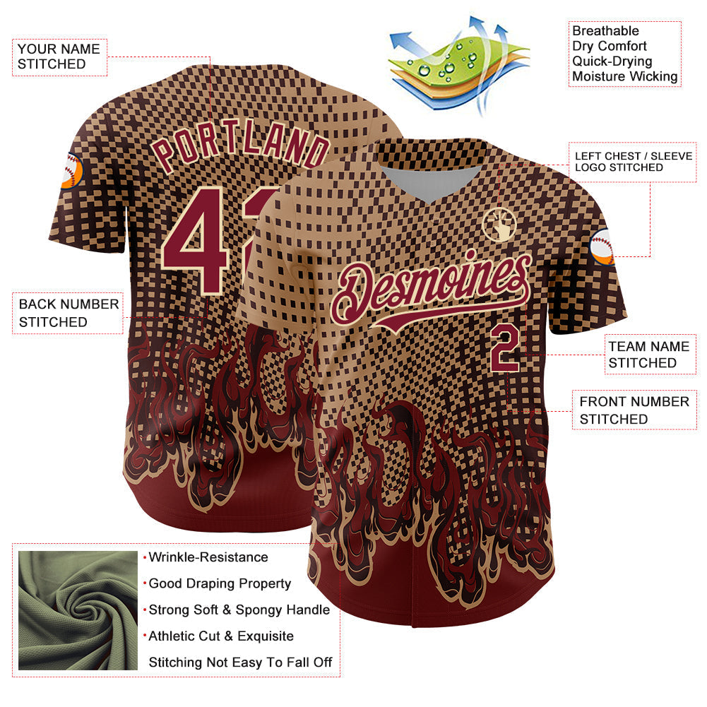 Custom Old Gold Crimson-City Cream 3D Pattern Design Flame Authentic Baseball Jersey baseball jersey product view 3