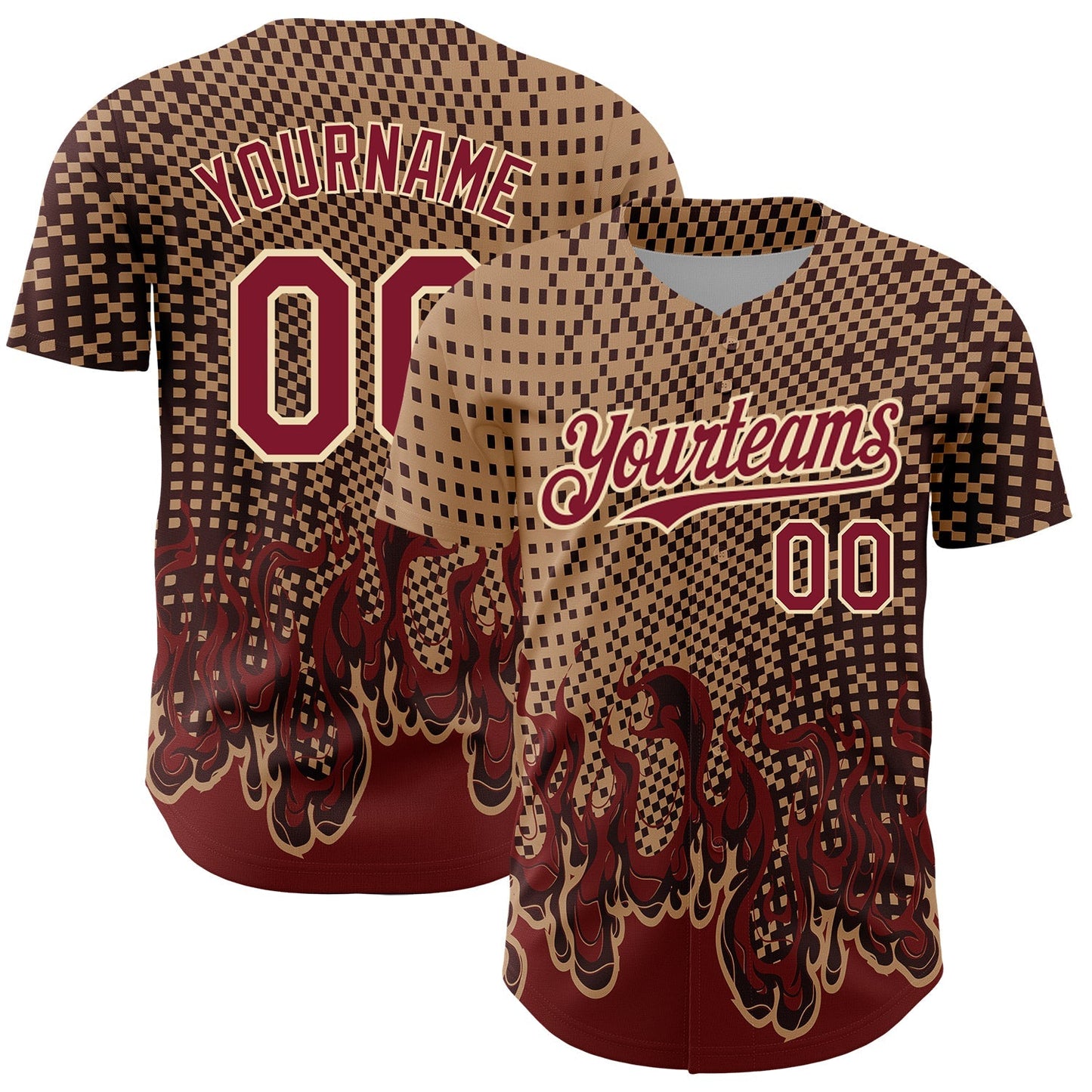 Custom Old Gold Crimson-City Cream 3D Pattern Design Flame Authentic Baseball Jersey baseball jersey product view 1