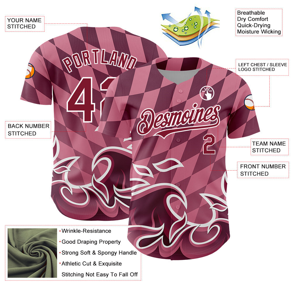 Custom Light Pink Crimson-White 3D Pattern Design Flame Authentic Baseball Jersey baseball jersey product view 3