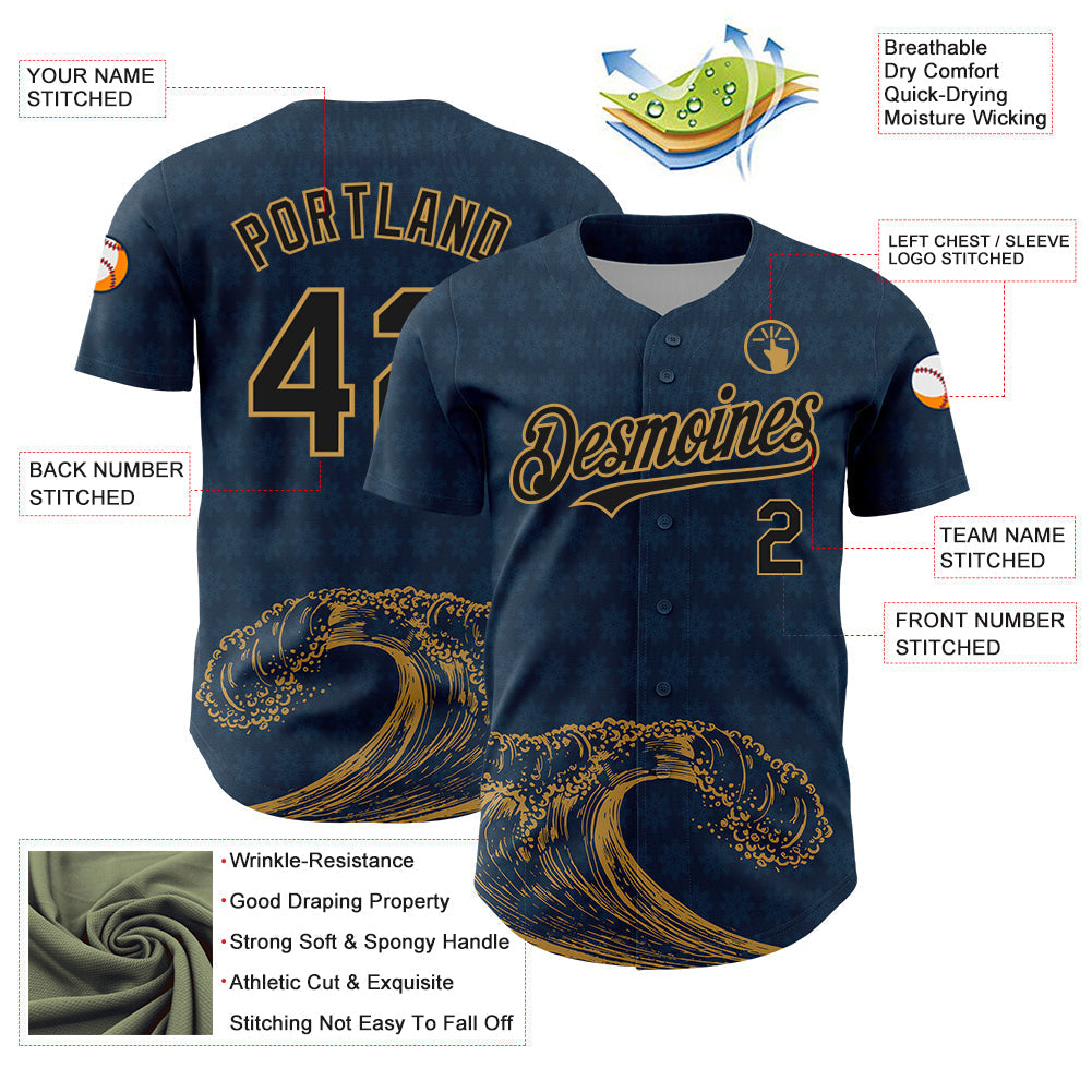 Custom US Navy Blue Black-Old Gold 3D Pattern Design Wave Authentic Baseball Jersey baseball jersey product view 3
