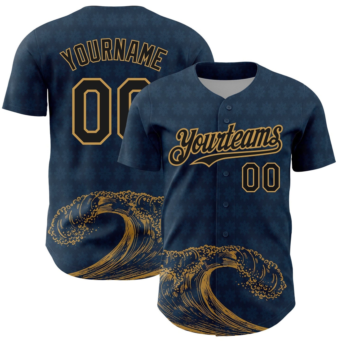 Custom US Navy Blue Black-Old Gold 3D Pattern Design Wave Authentic Baseball Jersey baseball jersey product view 1