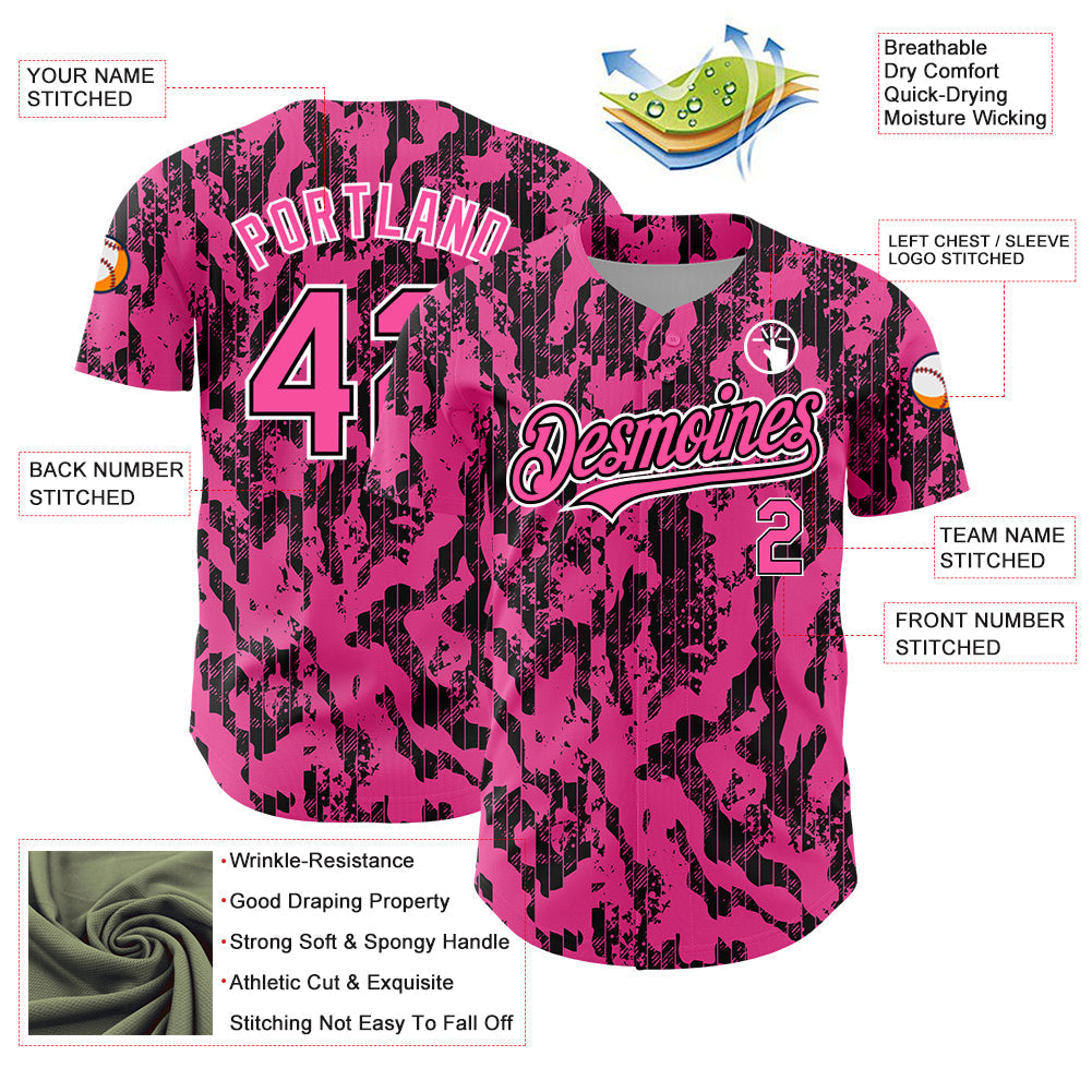 Custom Pink Black-White 3D Pattern Design Abstract Fluid Authentic Baseball Jersey baseball jersey product view 3