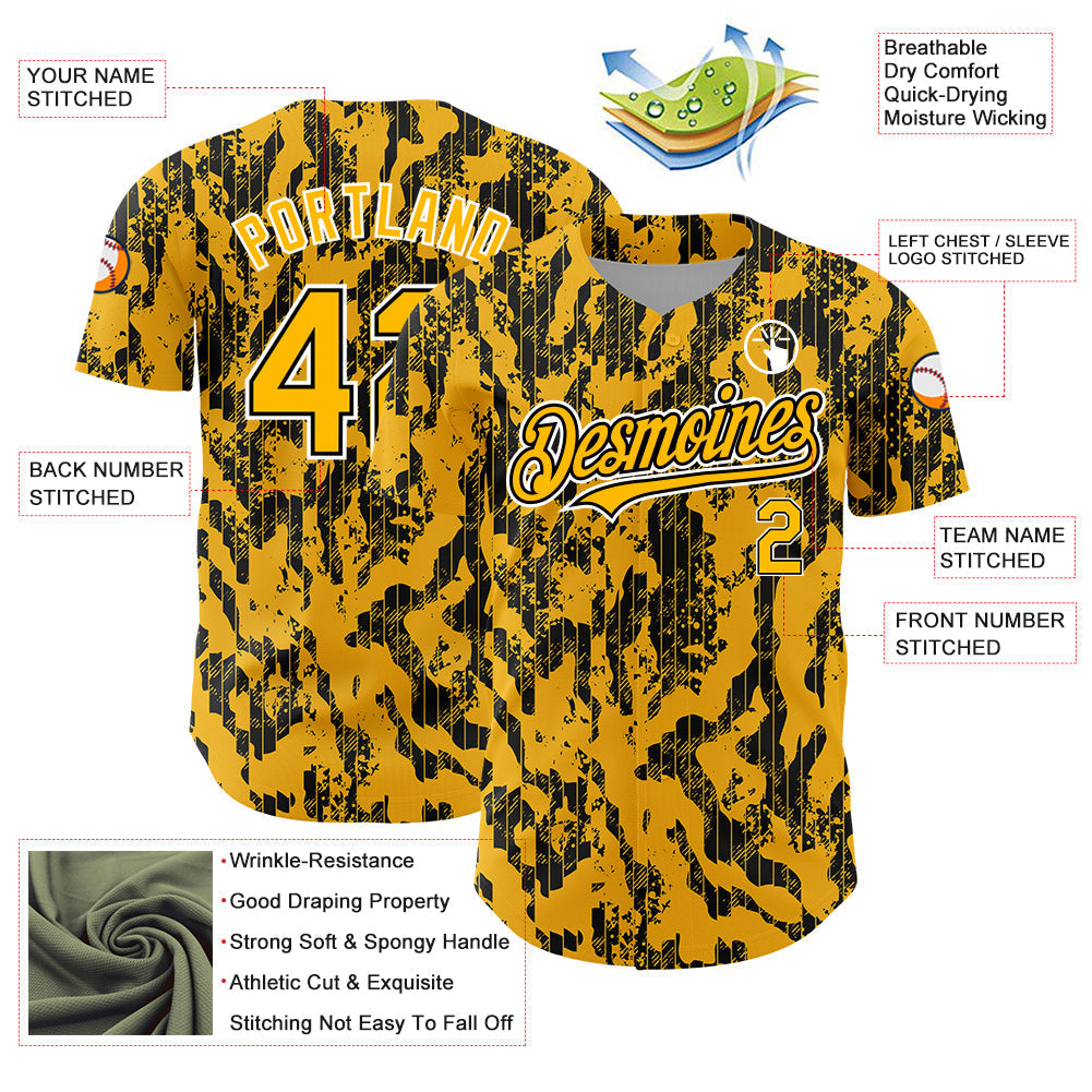 Custom Gold Black-White 3D Pattern Design Abstract Fluid Authentic Baseball Jersey baseball jersey product view 3