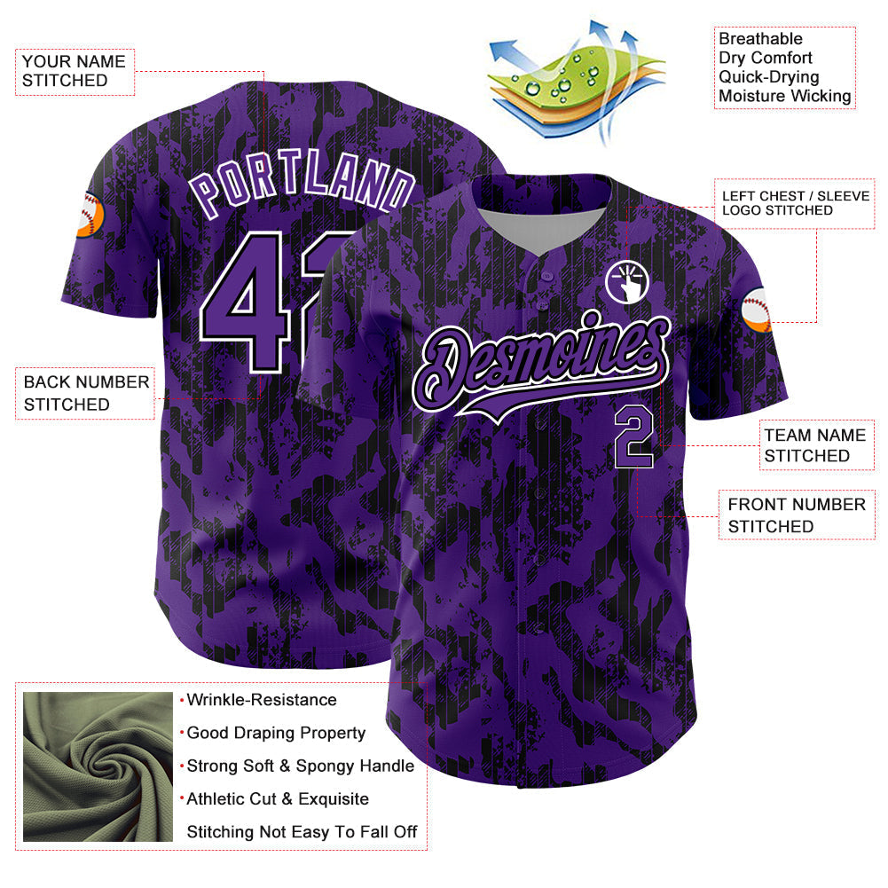 Custom Purple Black-White 3D Pattern Design Abstract Fluid Authentic Baseball Jersey baseball jersey product view 3