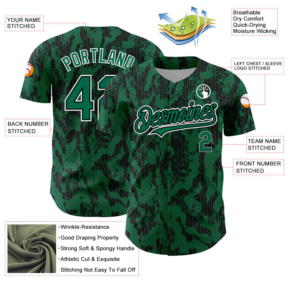 Custom Kelly Green Black-White 3D Pattern Design Abstract Fluid Authentic Baseball Jersey baseball jersey product view 3