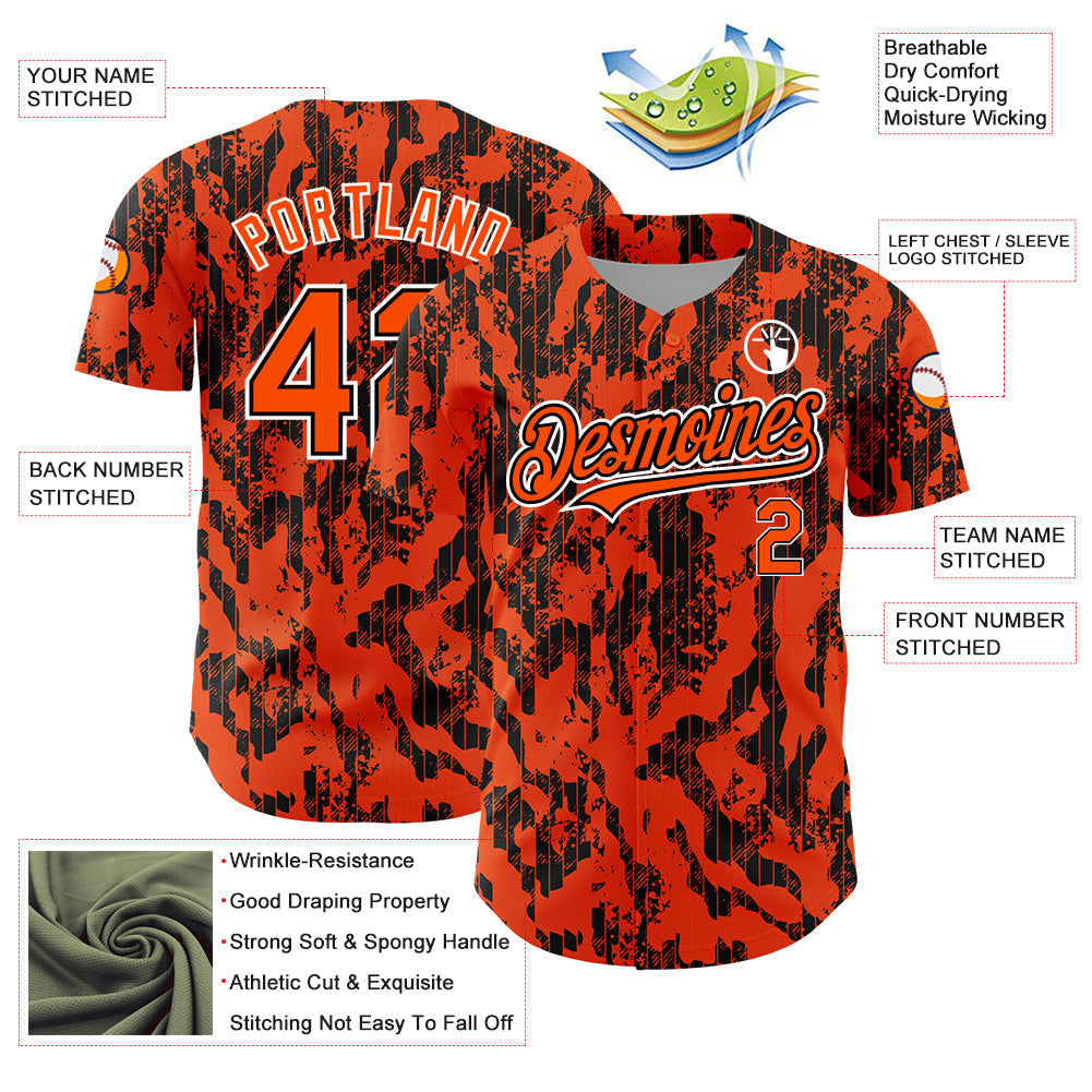 Custom Orange Black-White 3D Pattern Design Abstract Fluid Authentic Baseball Jersey baseball jersey product view 3