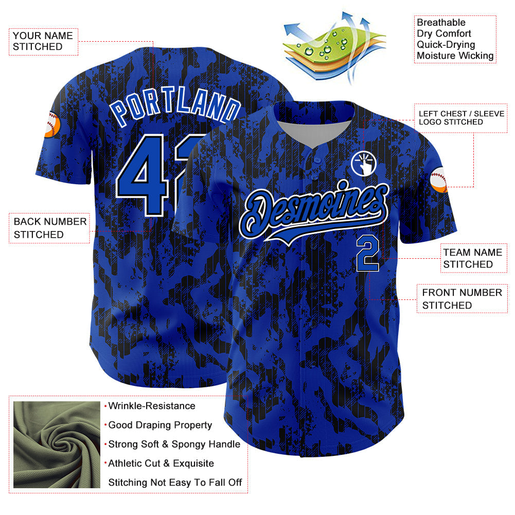 Custom Thunder Blue Black-White 3D Pattern Design Abstract Fluid Authentic Baseball Jersey baseball jersey product view 3