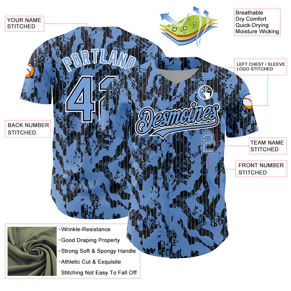 Custom Light Blue Black-White 3D Pattern Design Abstract Fluid Authentic Baseball Jersey baseball jersey product view 3