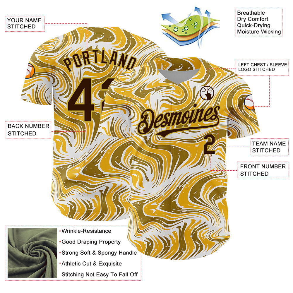 Custom Yellow Brown-Old Gold 3D Pattern Design Abstract Fluid Authentic Baseball Jersey baseball jersey product view 3