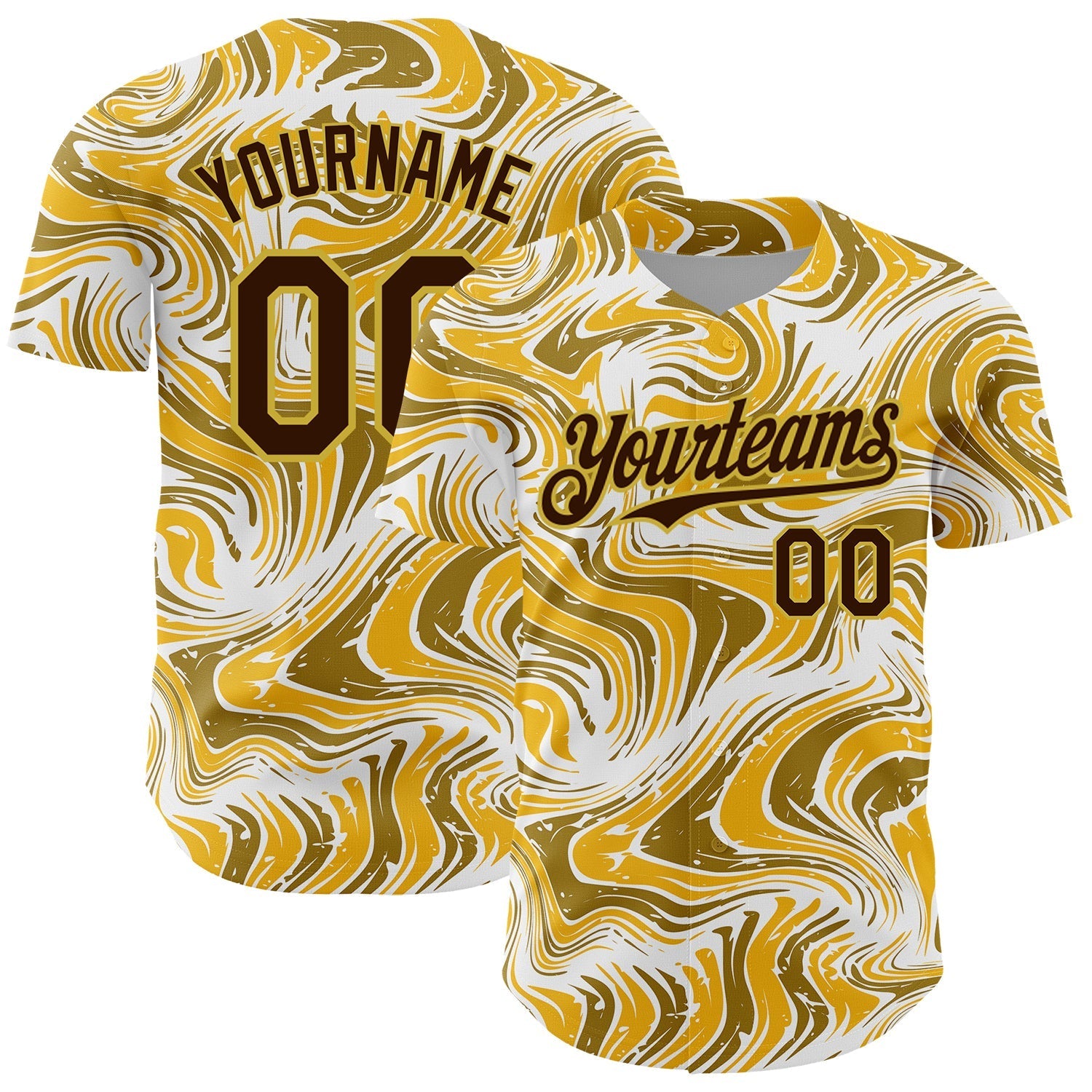 Custom Yellow Brown-Old Gold 3D Pattern Design Abstract Fluid Authentic Baseball Jersey baseball jersey product view 1