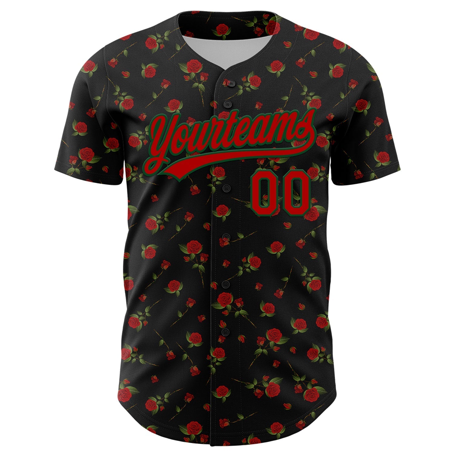 Custom Black Red-Green 3D Pattern Design Gothic Style Rose Authentic Baseball Jersey baseball jersey product view 2