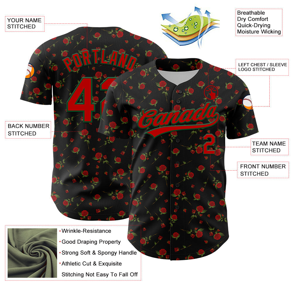Custom Black Red-Green 3D Pattern Design Gothic Style Rose Authentic Baseball Jersey baseball jersey product view 3