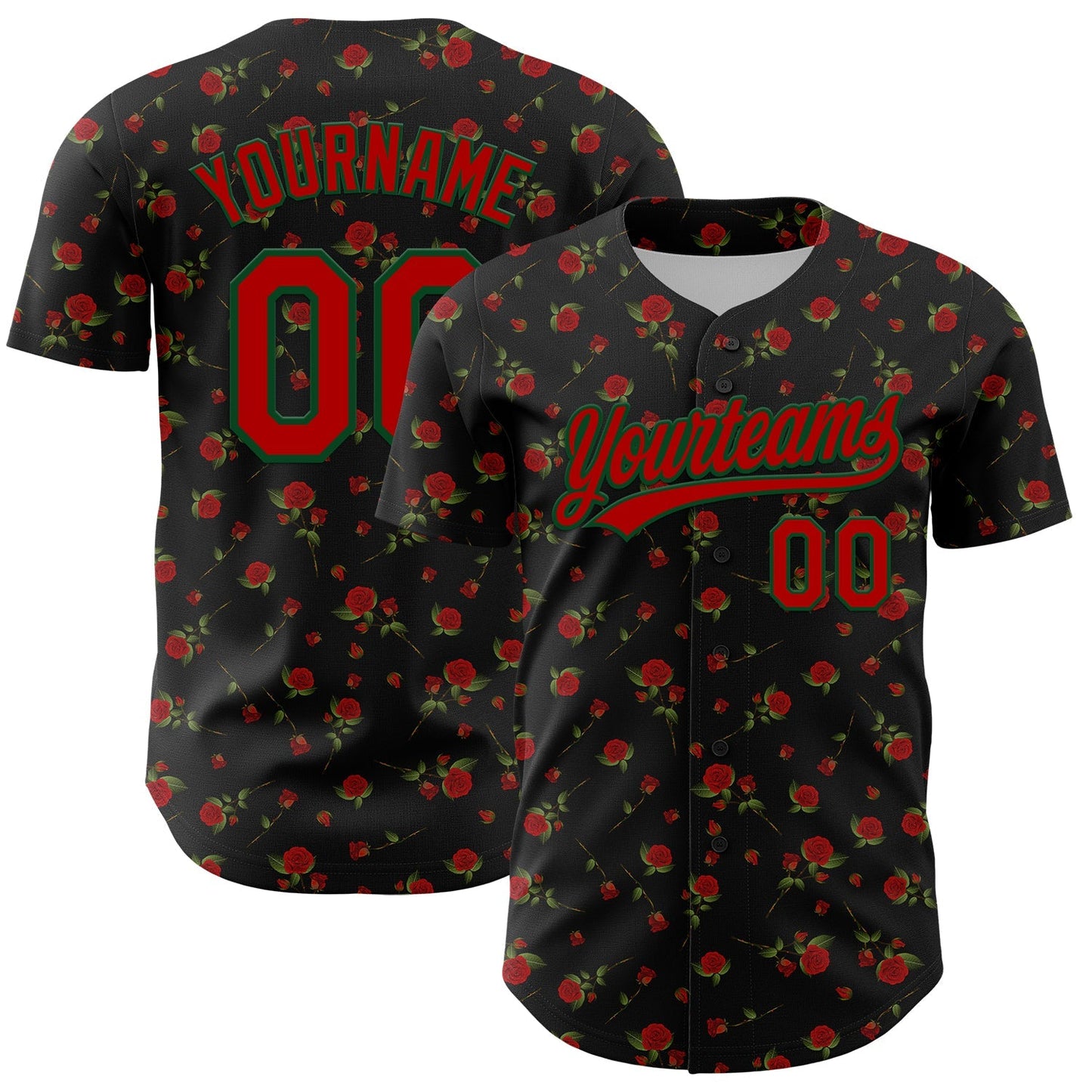 Custom Black Red-Green 3D Pattern Design Gothic Style Rose Authentic Baseball Jersey baseball jersey product view 1