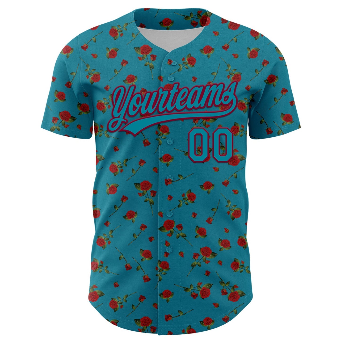 Custom Teal Maroon 3D Pattern Design Gothic Style Rose Authentic Baseball Jersey baseball jersey product view 2