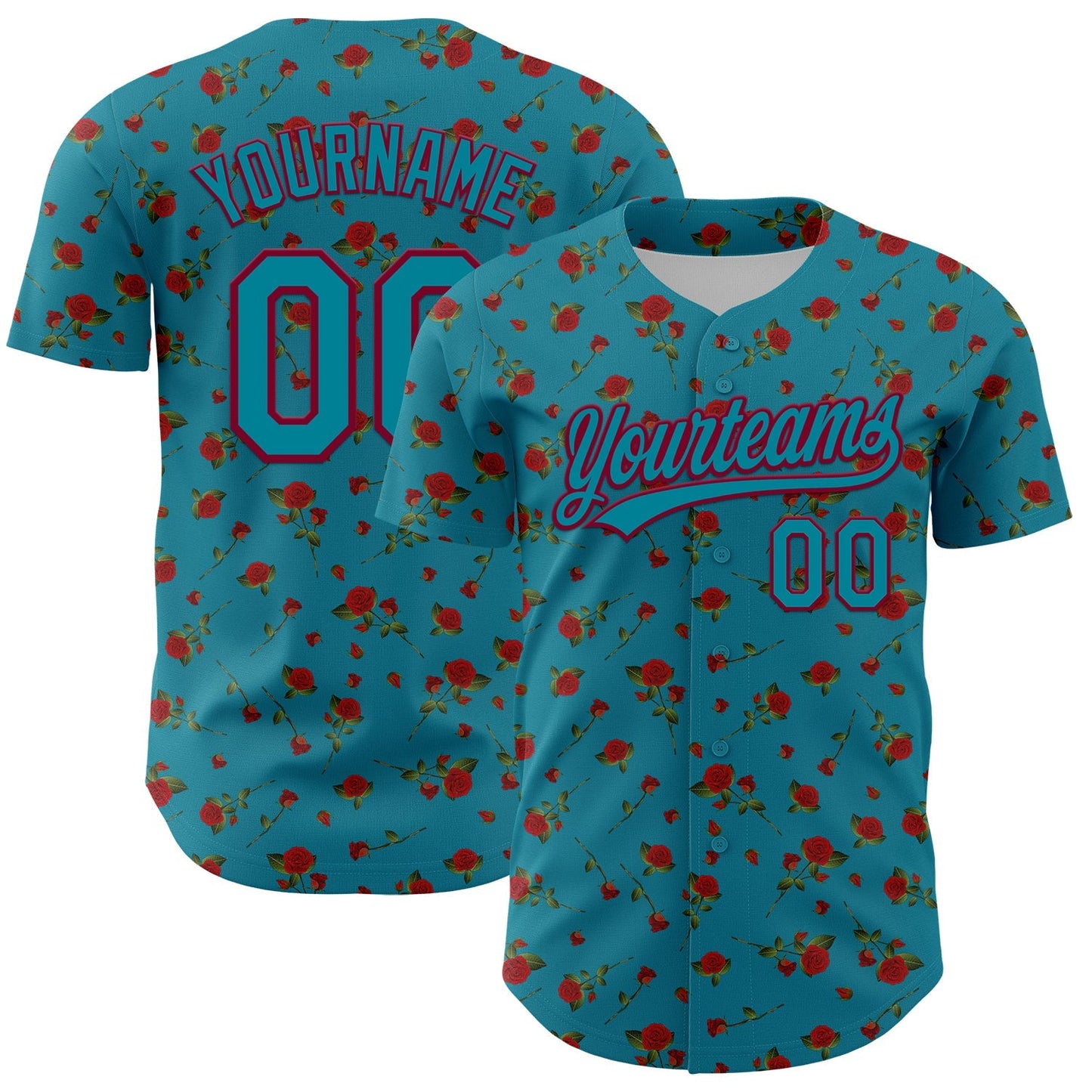 Custom Teal Maroon 3D Pattern Design Gothic Style Rose Authentic Baseball Jersey baseball jersey product view 1
