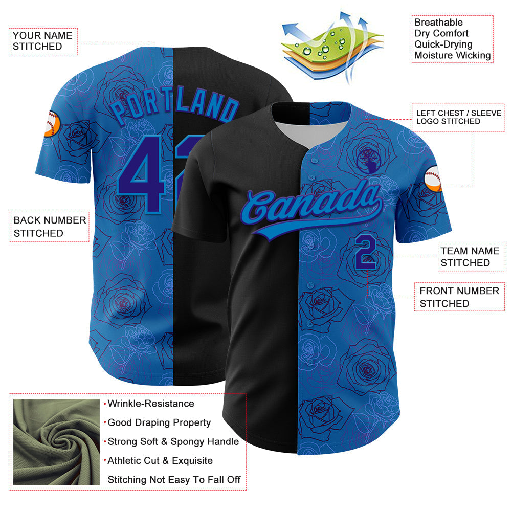 Custom Blue Dark Purple-Black 3D Pattern Design Gothic Style Rose Authentic Baseball Jersey baseball jersey product view 3