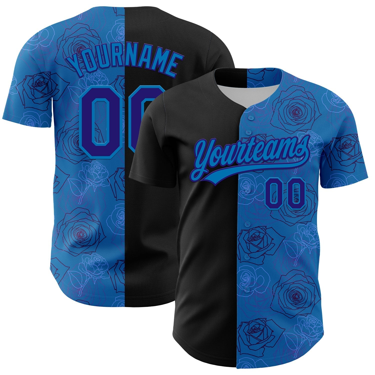 Custom Blue Dark Purple-Black 3D Pattern Design Gothic Style Rose Authentic Baseball Jersey baseball jersey product view 1
