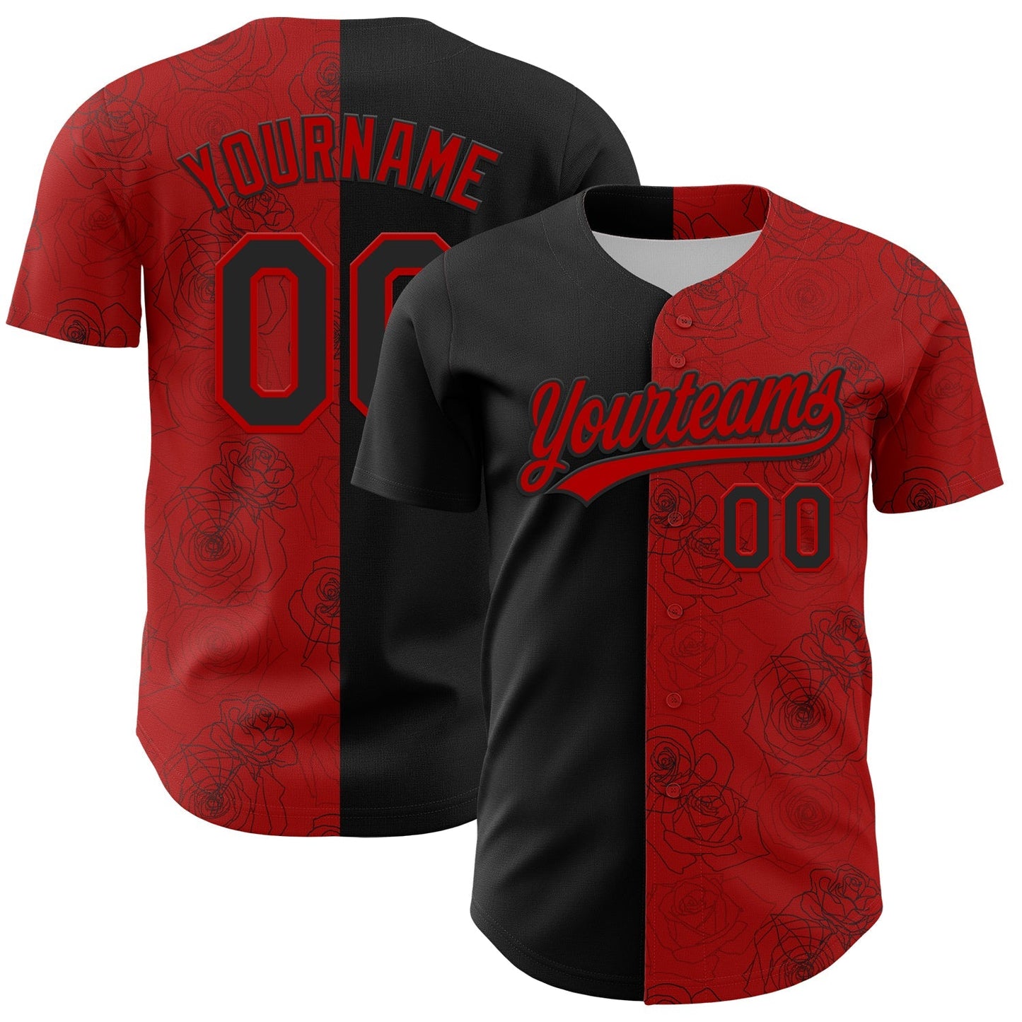 Custom Red Black 3D Pattern Design Gothic Style Rose Authentic Baseball Jersey baseball jersey product view 1