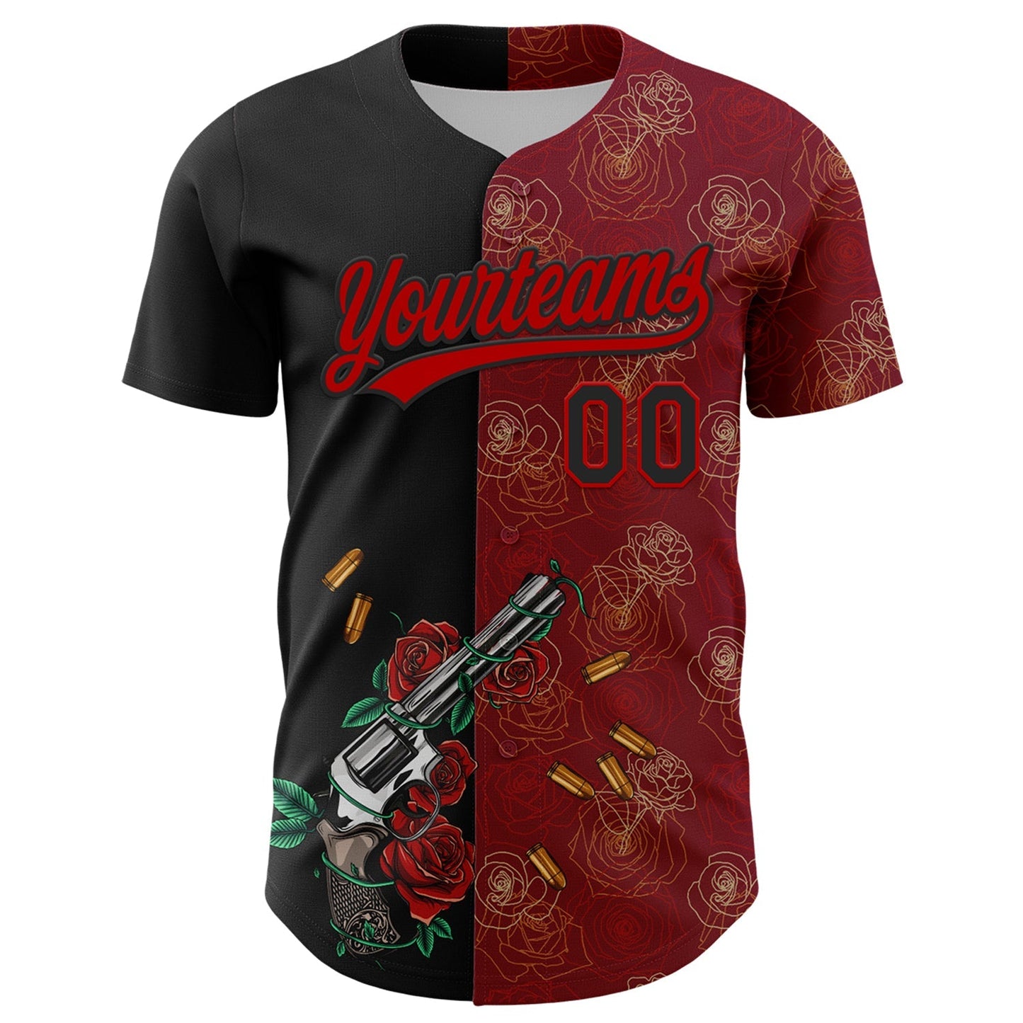 Custom Crimson Black-Red 3D Pattern Design Gothic Style Gun With Rose Authentic Baseball Jersey baseball jersey product view 2
