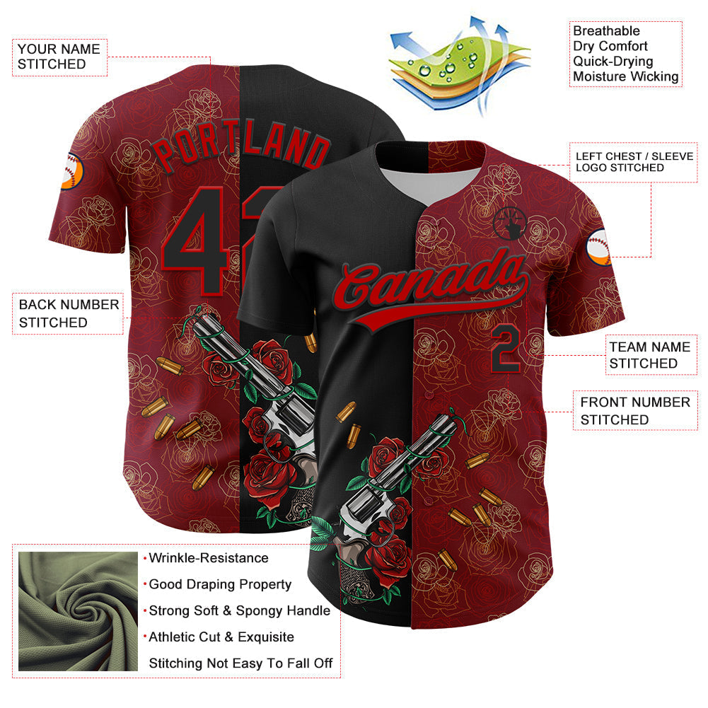 Custom Crimson Black-Red 3D Pattern Design Gothic Style Gun With Rose Authentic Baseball Jersey baseball jersey product view 3