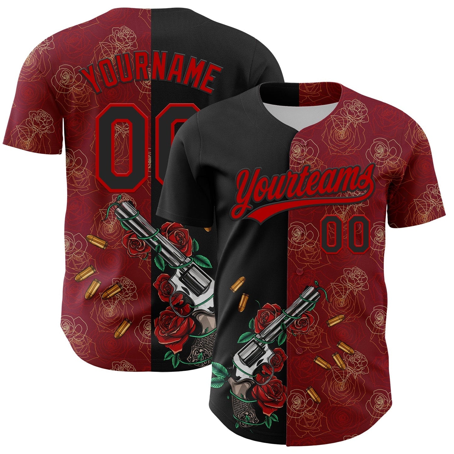 Custom Crimson Black-Red 3D Pattern Design Gothic Style Gun With Rose Authentic Baseball Jersey baseball jersey product view 1