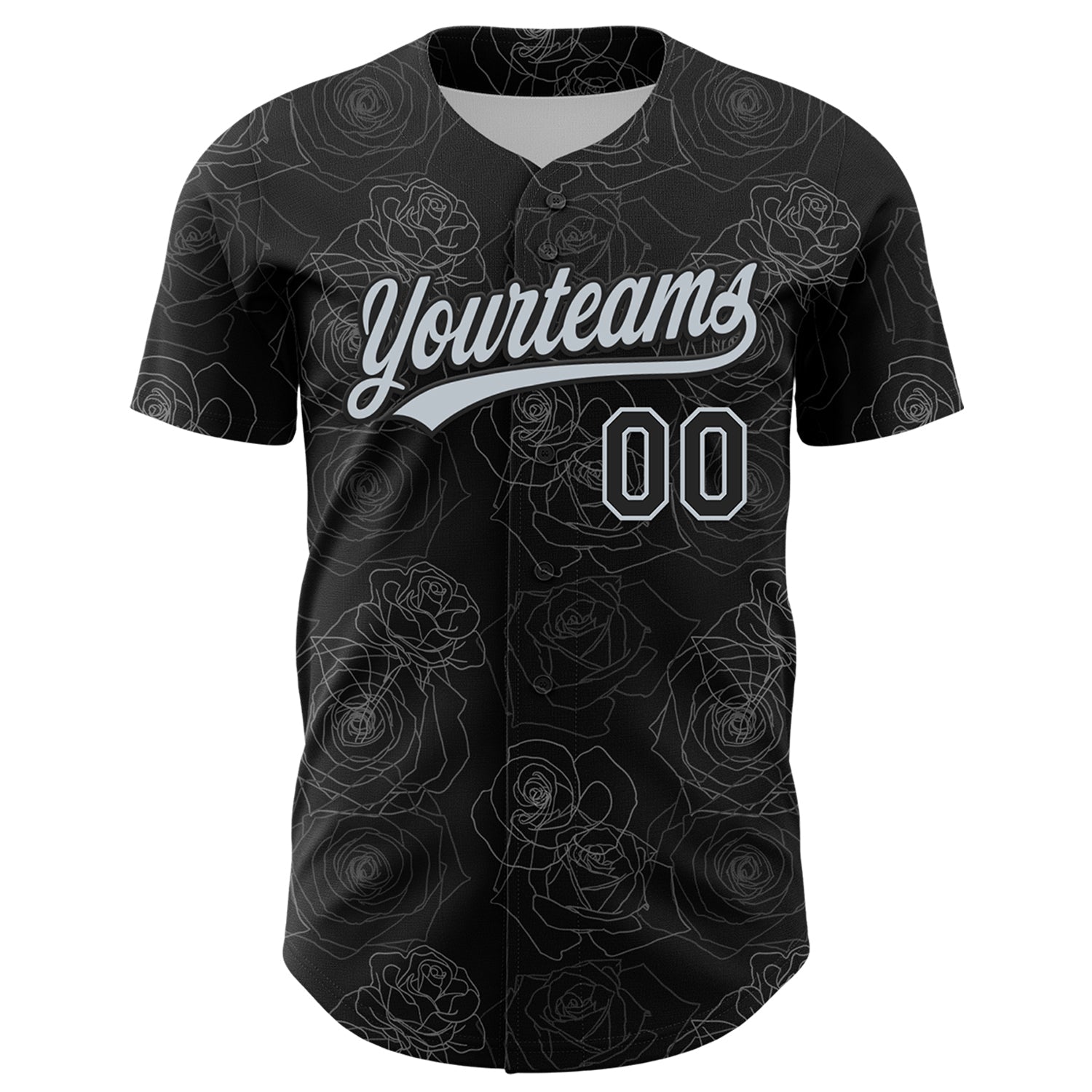 Custom Black Silver 3D Pattern Design Gothic Style Rose Authentic Baseball Jersey baseball jersey product view 2