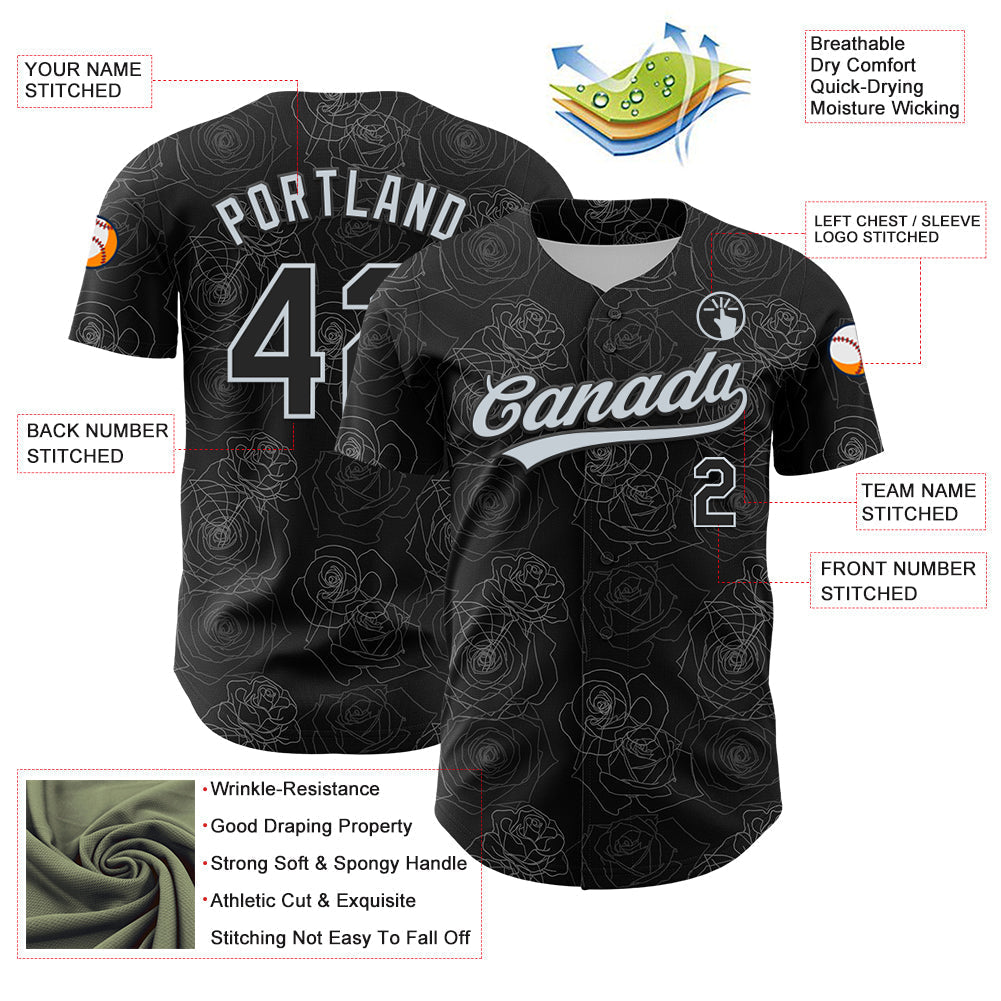 Custom Black Silver 3D Pattern Design Gothic Style Rose Authentic Baseball Jersey baseball jersey product view 3