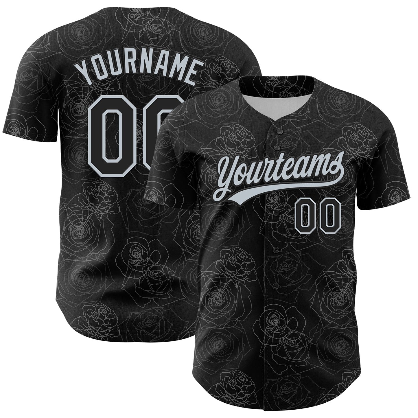 Custom Black Silver 3D Pattern Design Gothic Style Rose Authentic Baseball Jersey baseball jersey product view 1