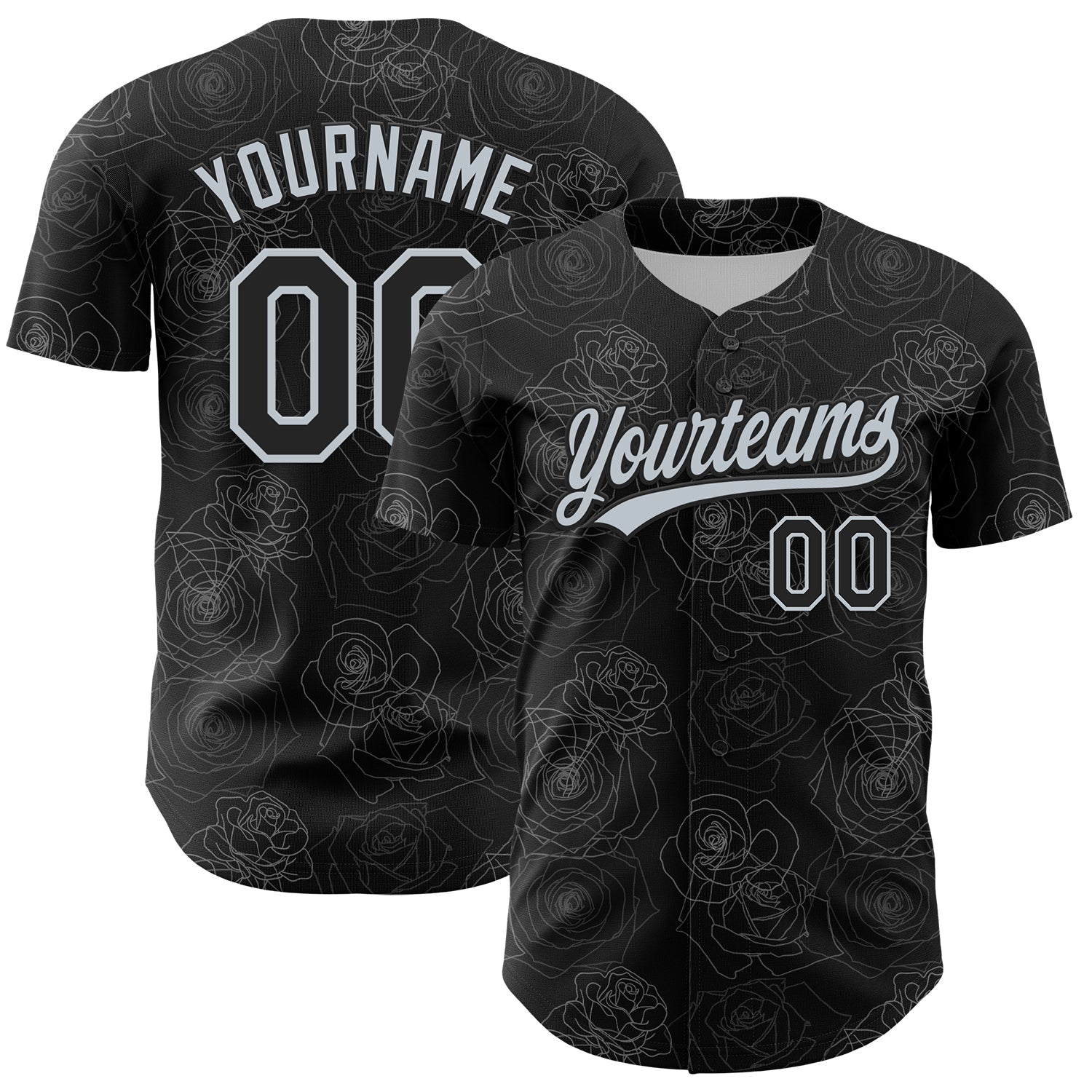 Custom Black Silver 3D Pattern Design Gothic Style Rose Authentic Baseball Jersey baseball jersey product view 1