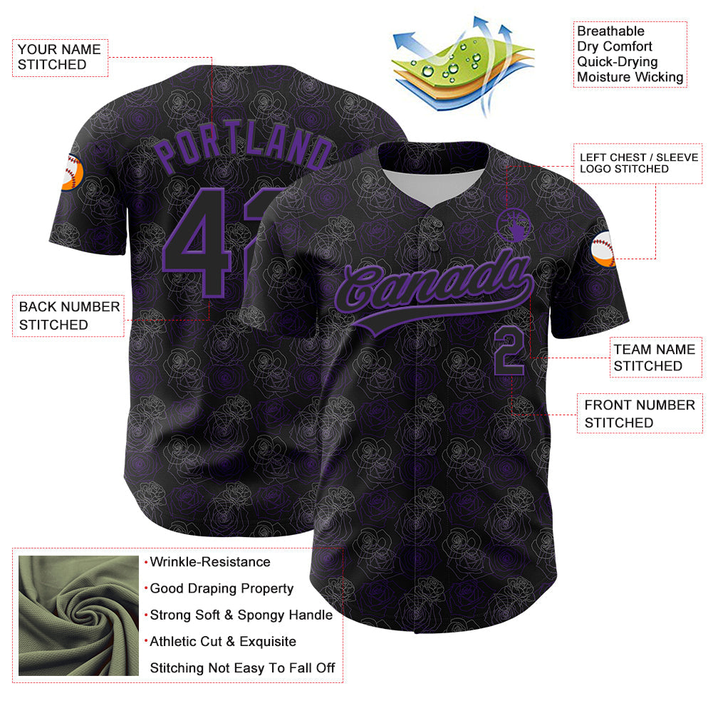 Custom Black Purple 3D Pattern Design Gothic Style Rose Authentic Baseball Jersey baseball jersey product view 3