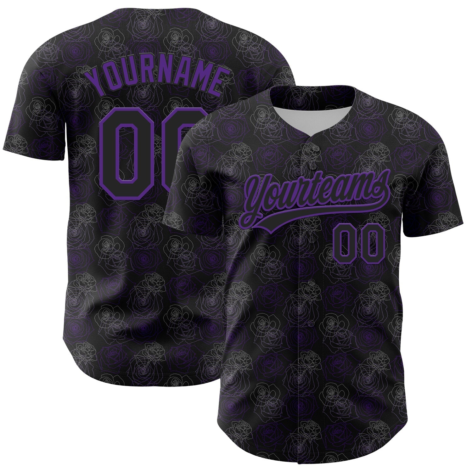 Custom Black Purple 3D Pattern Design Gothic Style Rose Authentic Baseball Jersey baseball jersey product view 1