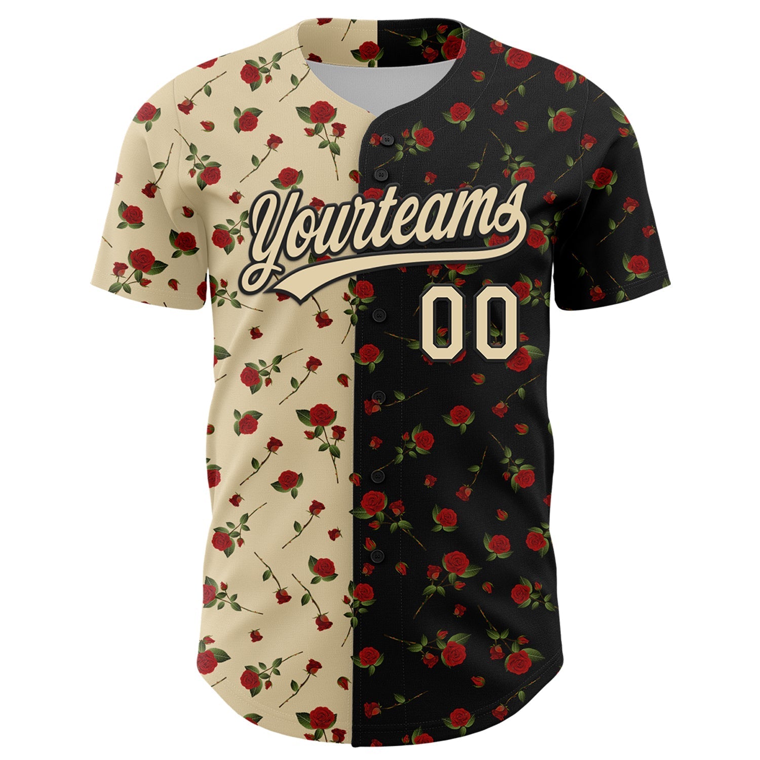 Custom Black Cream 3D Pattern Design Gothic Style Rose Authentic Baseball Jersey baseball jersey product view 2