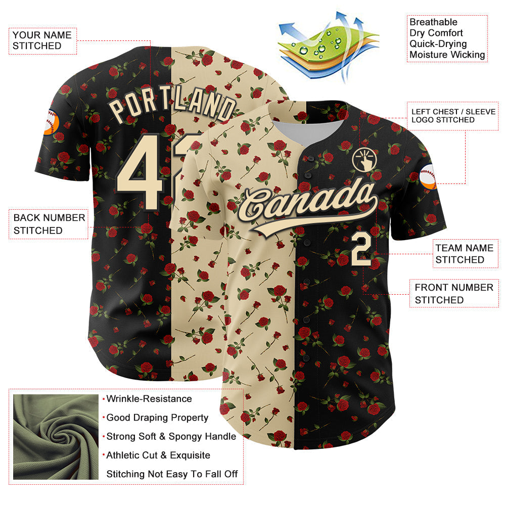 Custom Black Cream 3D Pattern Design Gothic Style Rose Authentic Baseball Jersey baseball jersey product view 3