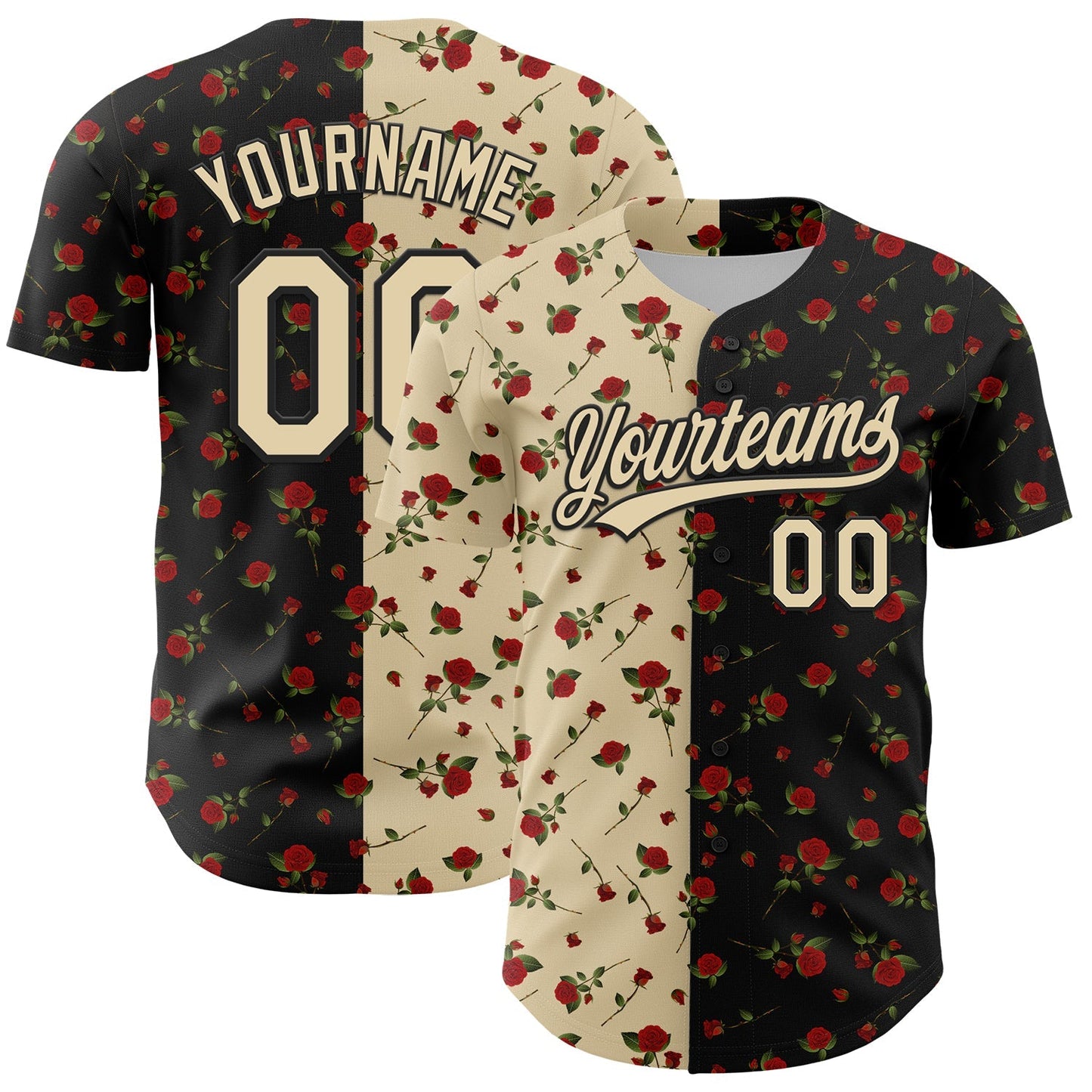 Custom Black Cream 3D Pattern Design Gothic Style Rose Authentic Baseball Jersey baseball jersey product view 1