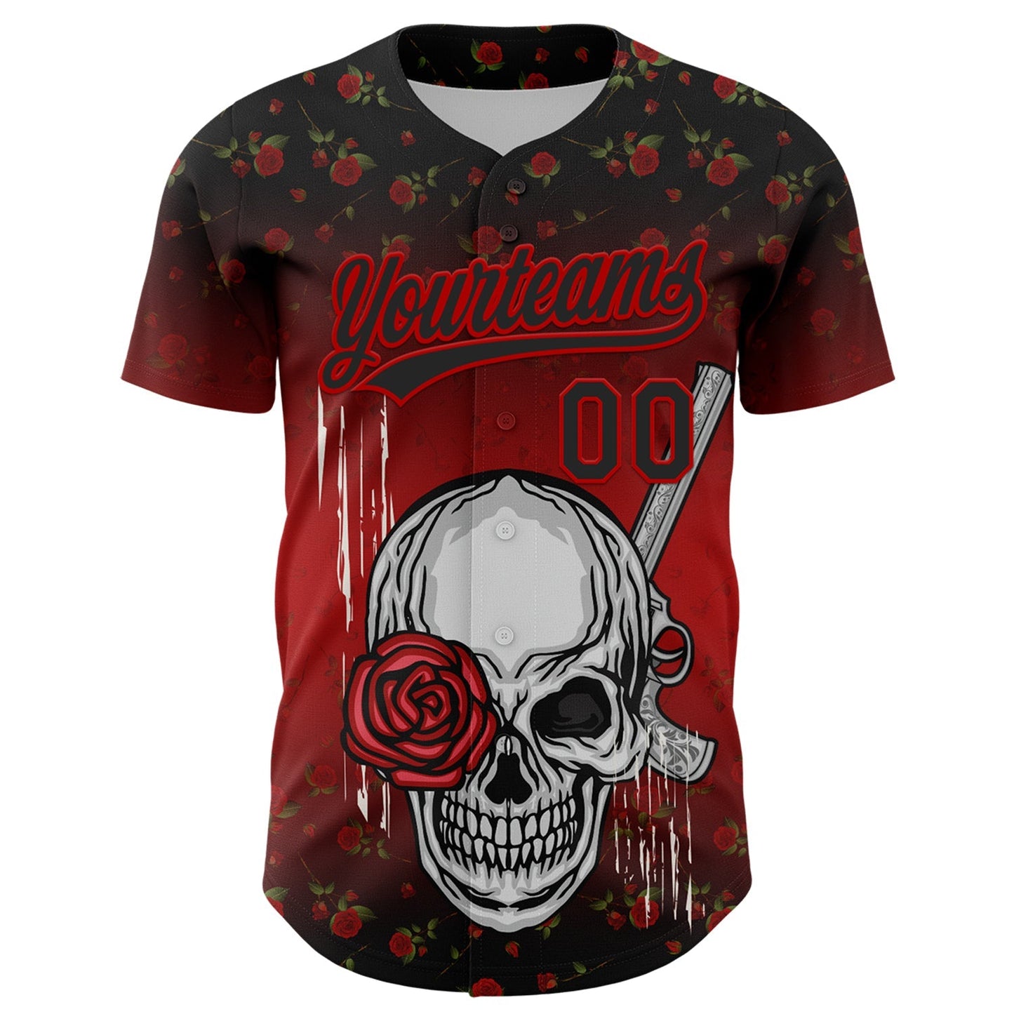 Custom Black Red 3D Pattern Design Gothic Style Skull With Rose And Gun Authentic Baseball Jersey baseball jersey product view 2