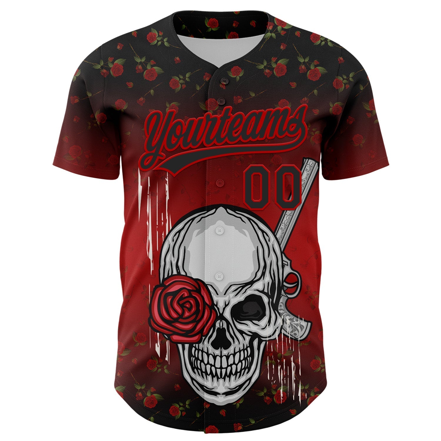 Custom Black Red 3D Pattern Design Gothic Style Skull With Rose And Gun Authentic Baseball Jersey baseball jersey product view 2