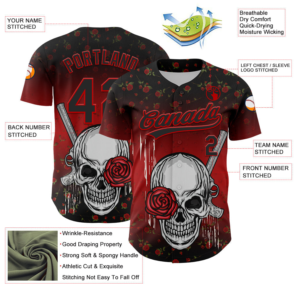 Custom Black Red 3D Pattern Design Gothic Style Skull With Rose And Gun Authentic Baseball Jersey baseball jersey product view 3